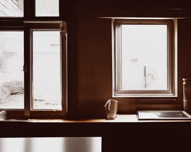 Image similar to a kitchen with a window and a table in front of it, a still life by bencho obreshkov, unsplash, dau - al - set, soft light, hdr, nightscape
