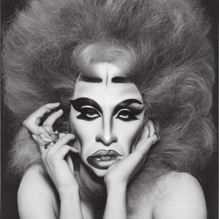 Image similar to photograph of a Drag queen in heavy makeup and a big wig by Robert Mapplethorpe