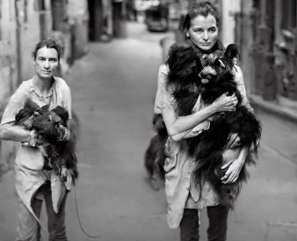 Image similar to closeup portrait of beautiful woman carrying a dog, smoky new york back street, by annie leibovitz and steve mccurry, natural light, detailed face, canon eos c 3 0 0, ƒ 1. 8, 3 5 mm, 8 k, medium - format print