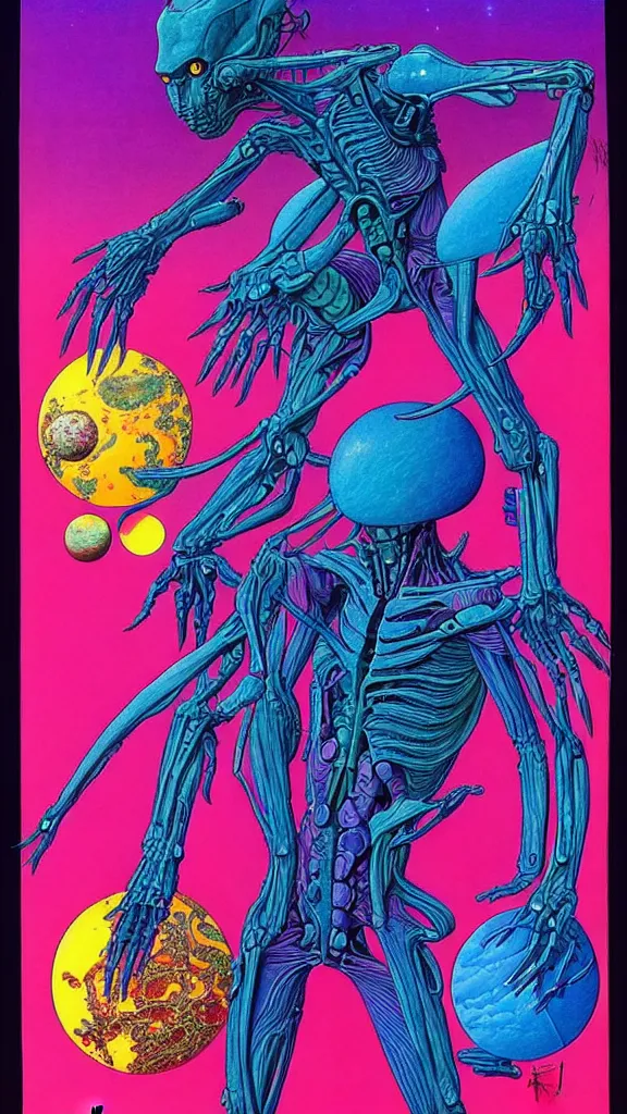 Image similar to ( ( ( ( a humanoid creature on other planets that appear intelligent. ) ) ) ) by mœbius!!!!!!!!!!!!!!!!!!!!!!!!!!!, overdetailed art, colorful, artistic record jacket design