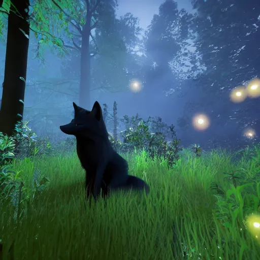 Prompt: a black fox in a majestic fantasy forest at night, fireflies floating about, bioluminescent plants, second life in game screenshot 2022