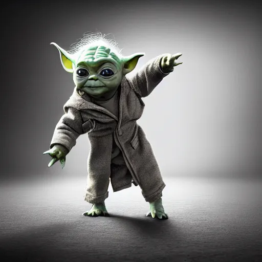 Image similar to full body pose, hyperrealistic photograph of a unique baby yoda, dim volumetric lighting, 8 k, octane beautifully detailed render, extremely hyper detailed, intricate, epic composition, cinematic lighting, masterpiece, trending on artstation, very very detailed, stunning, hdr, smooth, sharp focus, high resolution, award, winning photo, dslr, 5 0 mm