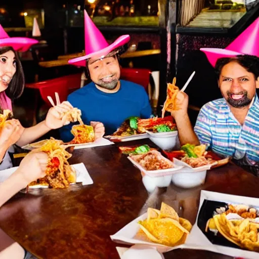 Image similar to A group of angels wearing birthday hats eating tacos de birria at a Mexican restaurant