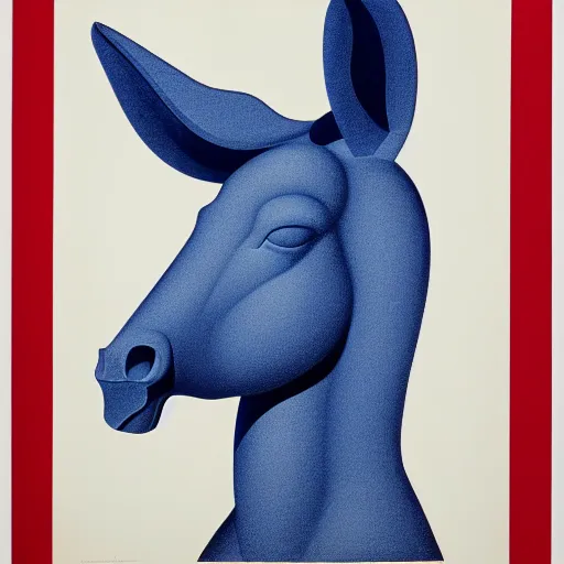 Image similar to lithograph side view of standing donkey against white background, duotone, cycladic sculptural style, full body, flat colors, iconic, simplified, ultramarine blue and red iron oxide