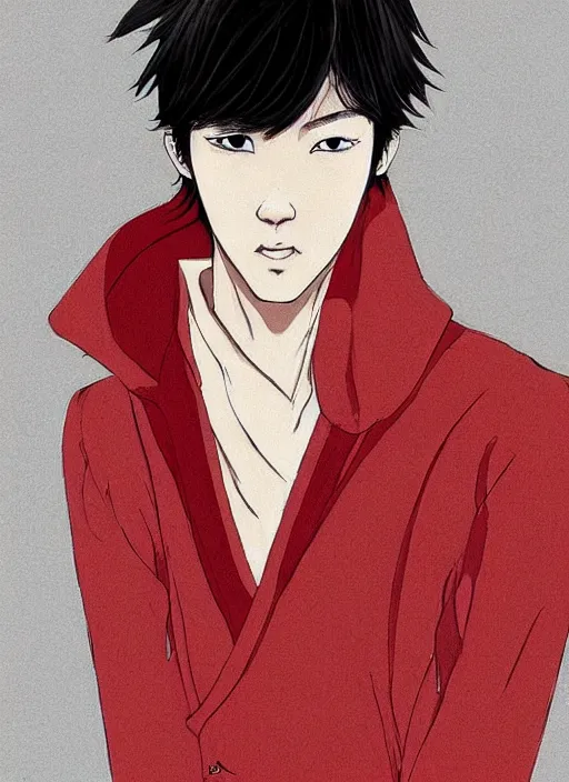 Prompt: concept art, a young chinese man with a pair of phoenix eyes, looks like kimura takuya, fair complexion, straight nose, thin lips, delicate eyebrows, handsome and elegant, wearing a chinese tunic suit with a red chinese dragon embroidered on it, conrad roset, japanese manga style, flume cover art
