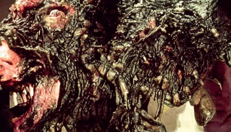 Prompt: a disgusting vile demonic monster eating a man from The Thing, kaiju by Cronenberg and visceral greg nicotero