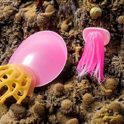 Image similar to pink jellyfish hits Sponge Bob with a metal sieve