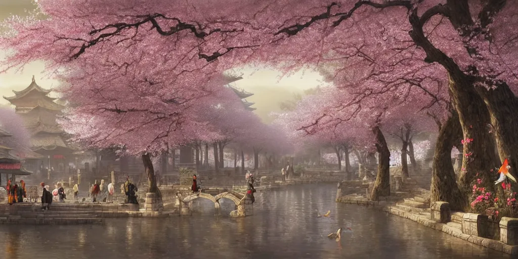 Image similar to a street in a ancient chinese characteristics. it has a high degree of fantasy. cherry blossom forest, there are pavilions in the air, koi jumping in the air, and fairy birds and animals such as cranes and deer coexist with people. it is the life scene of the ancient people, a detailed matte painting by christophe vacher and albert bierstadt