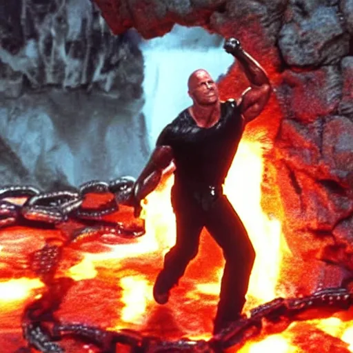 Image similar to film still of dwayne johnson descending into a molten metal pooll with chains and giving a thumbs - up in terminator 2 1 9 9 1, epic, volumetric lighting, hd, 8 k