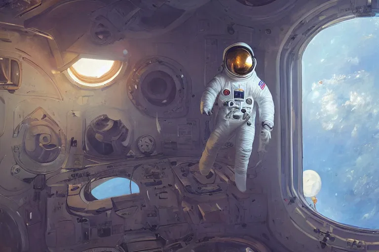 Image similar to an astronaut in a floating art museum, art museum full of paintings, space, expressive oil painting, by greg rutkowski, by james gilleard, digital, trending on artstation, octane render, highly detailed, detailed astronaut