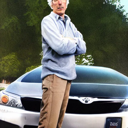 Image similar to larry david standing on roof of 2009 prius, andy worhol painting