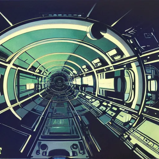 Image similar to ultra wide angle interior view of a space station, hanging gardens, oxen, by syd mead