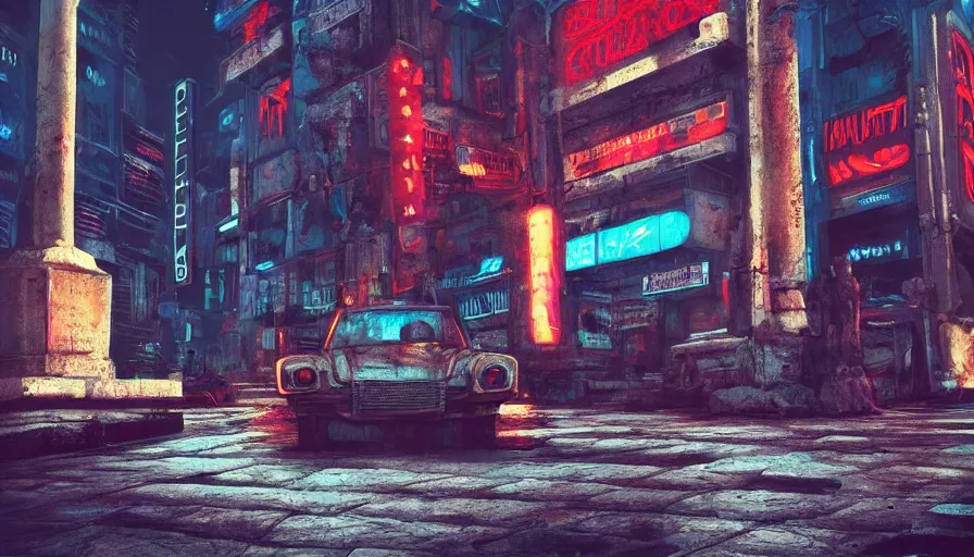 Prompt: a small weathered ancient greek sculpture standing in a square, surrounding by of cyberpunk city, neon sign, bladerunner, digital illustration, artstation, cinematic composition