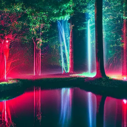 Image similar to photography at night of an ethereal pond, a central sunlight glare, mystical lights, cyber futuristic lights in the sky, masterpiece, epic, cinematic, hyperealistic photo, high detailed, red flashlight at night