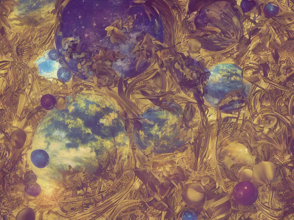 Image similar to 3 d render, sunlight study, the universe is a spheroid region 7 0 5 meters in diameter, art nouveau, by maria sibylla merian and ( ( ( ( ( lisa frank ) ) ) ) ), 8 k, sharp focus, octane render