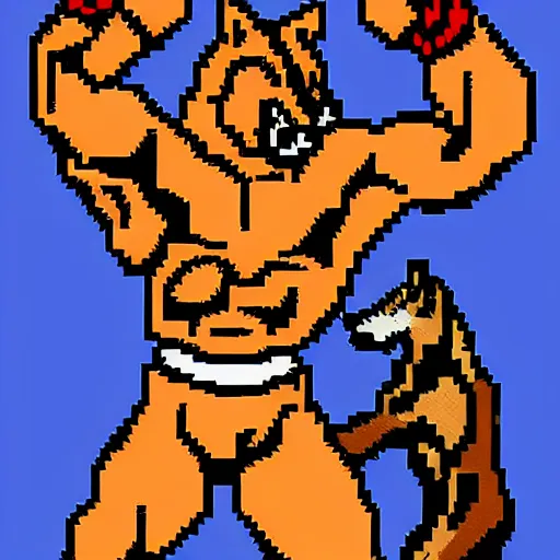 Image similar to full body portrait. 8 bit graphics. antropomorphic muscular masculine wolf, kickboxer fighter, in shorts, in front of destroyed city. wolf head. furr on body. at night. 1 9 8 9