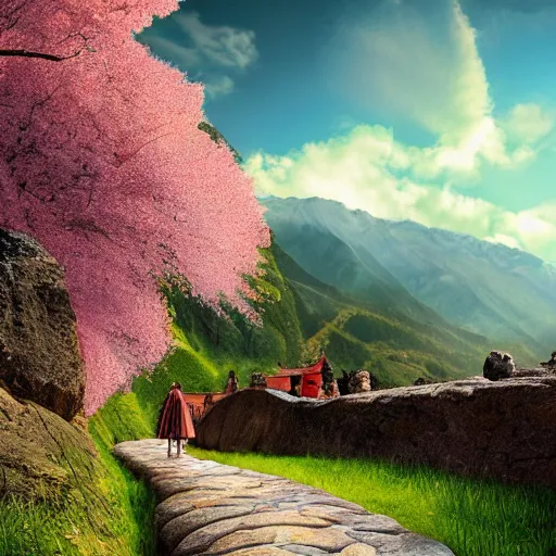 Prompt: stone path through a cherry blossom filled valley leading to a monastery, matte painting, adult swim