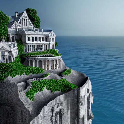 Image similar to Ultra Realistic Hyper detailed Fantasy view of a Mansion overlooking the cliffs edge where ocean waves are crashing.