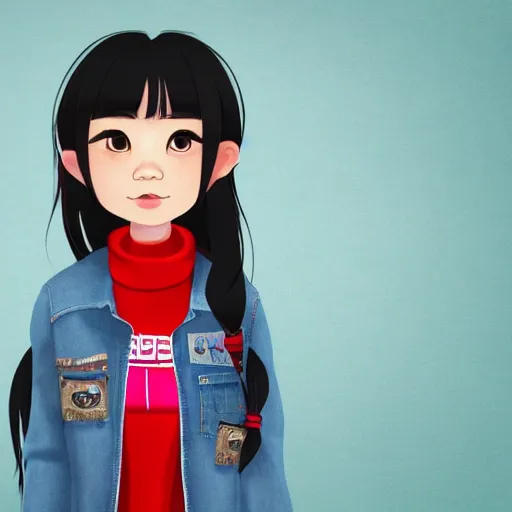Image similar to upper half portrait, of a anthropomorphic asian girl wearing a denim jacket, in the style of zootopia, far shot, 5 feet away