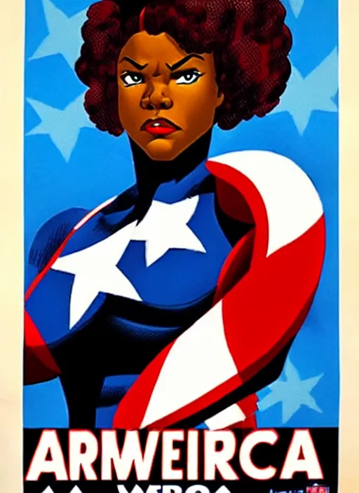 Image similar to beautiful black female captain america. afro - feminist captain america wins wwii. american wwii propaganda poster by james gurney, rob liefeld and pixar. gorgeous face. overwatch, realistic. black power