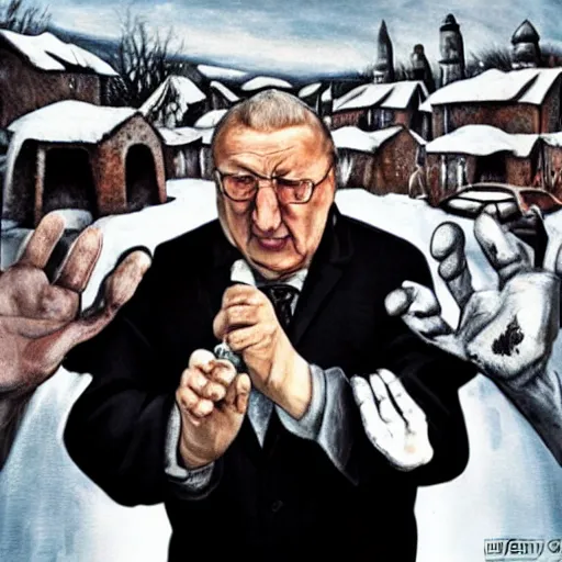 Prompt: zhirinovsky goes to hell and rips off the hands of sinners in hyper - realistic style