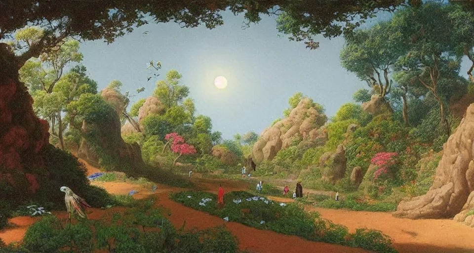 Prompt: a landscape on the moon with many craters, people walk along the paths, a beautiful flowering garden, birds, a lot of exotic vegetations, trees, intricate detaild, pale colors, 8 k, in the style of martin johnson heade and roger dean