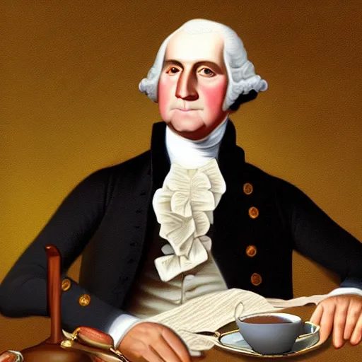 Prompt: george washington in a fancy clothes while drinking tea highly detailed digital painting art