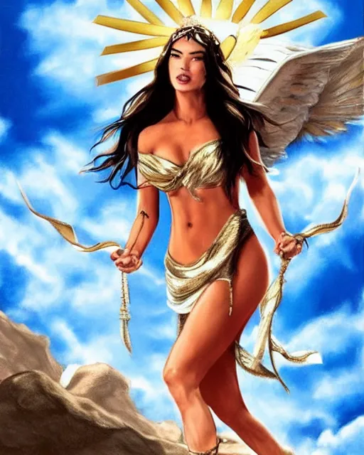 Prompt: megan fox as a Greek goddess in the sky, hyper realistic