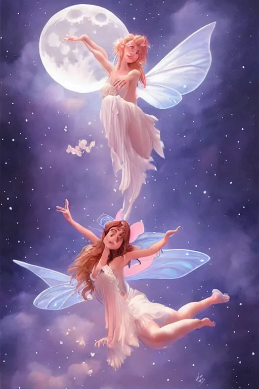 Image similar to attractive fairy magically floating high in the night, fantasy, full moon in background. highly detailed painting by artgerm, mid shot, 8 k