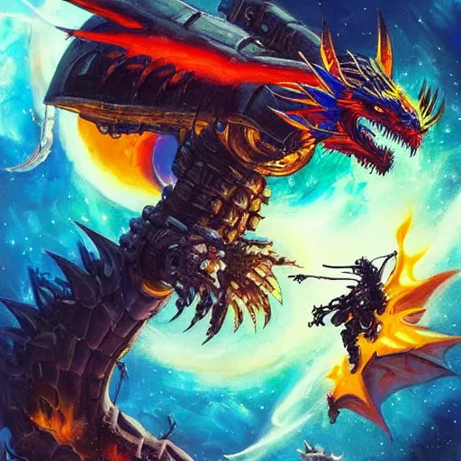 Image similar to giant mech fighting a dragon, battling, fire, in space, scifi, oil painting