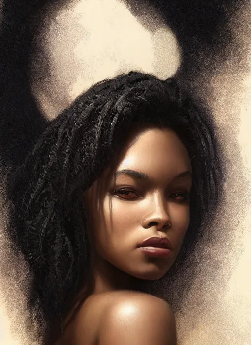 Image similar to portrait of a stunningly beautiful young black woman, highly detailed, 3 5 mm photo, artstation, concept art, sharp focus, 2 8 mm macro photo, art by artgerm and greg rutkowski and alphonse mucha, incredibly beautiful and symmetrical face, incredibly detailed, award winning art, royal