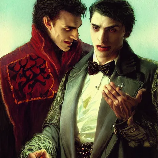 Image similar to attractive male, arthur pendragon confesses his love to attractive male dracula the vampire. highly detailed painting by gaston bussiere, craig mullins, j. c. leyendecker 8 k