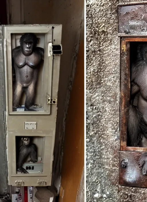 Image similar to uncanny hybrid human - ape, half human half ape inside fuse box in communist apartment building