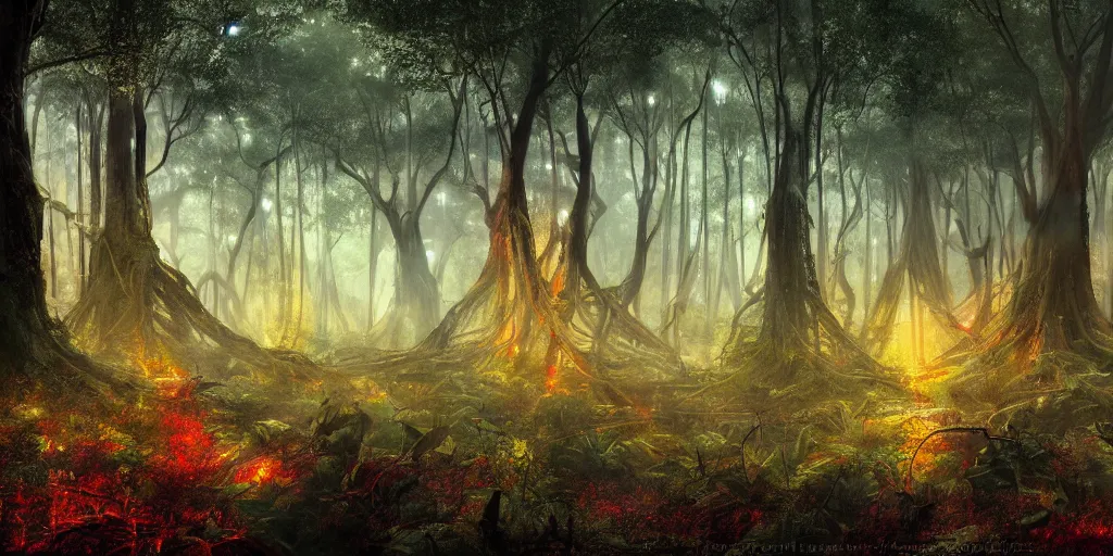 Prompt: ancient neurons with yellow and red glowing synapses running through the forest, light creeps through the dense jungle, jungle mountains in the background with huge incredibly immense trees, highly detailed, hyperrealism, trending on art station, ancient forest like fanal forest or fangorn forest, misty forest, realistic painting, sharp image, hyper realistic art, highly detailed leaves, cinematic