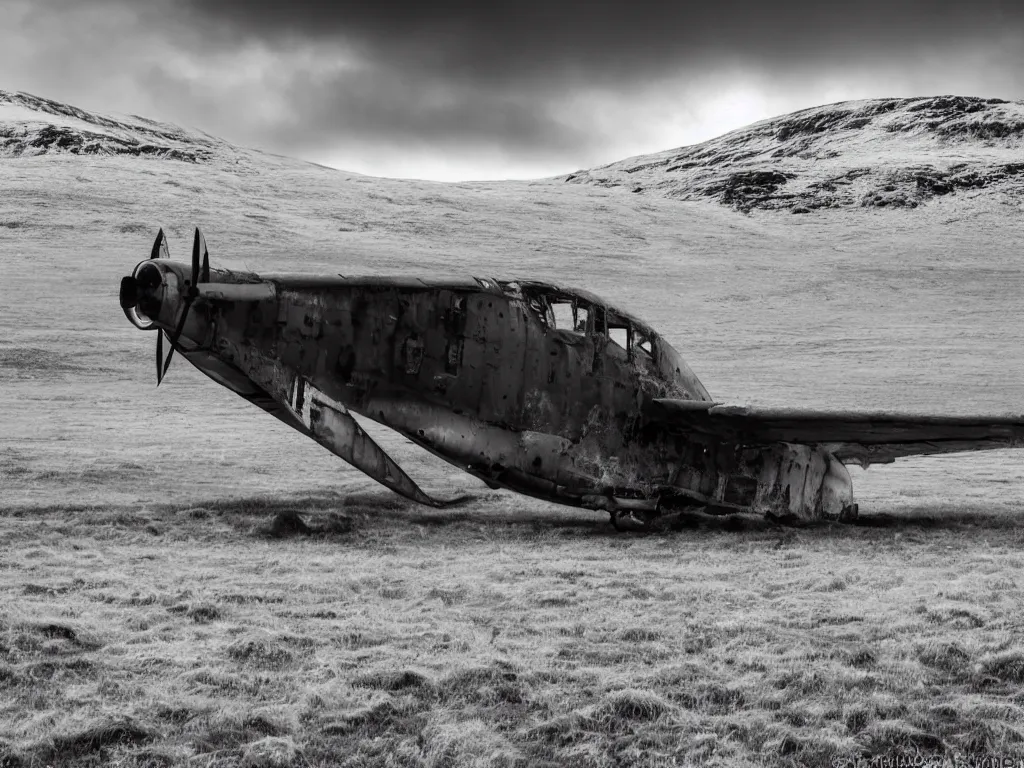 Prompt: a wide angle HDR photograph of an abandoned aeroplane in a field in Iceland, snowy mountain backdrop with moody clouds, shot from low angle