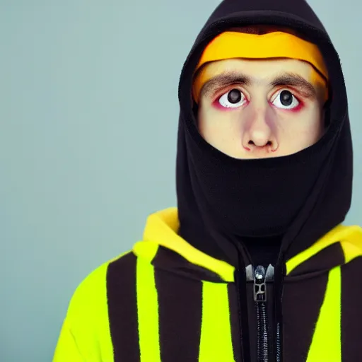 Image similar to a fine art portrait of a young man with black hair and an asymmetrical face. He has visible Bags under his eyes. He is wearing a high vis hoodie. In the style of Stanley Kubrick and Wes Anderson, Art directed by Edward Hopper.