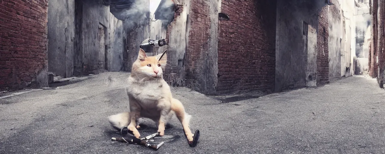 Prompt: a cute animal with a tanktop sitting on a monobloc chair and smoking a cigarette. it is hot. backalley with AC. extreme details, 8K, octance rendering, HDRI