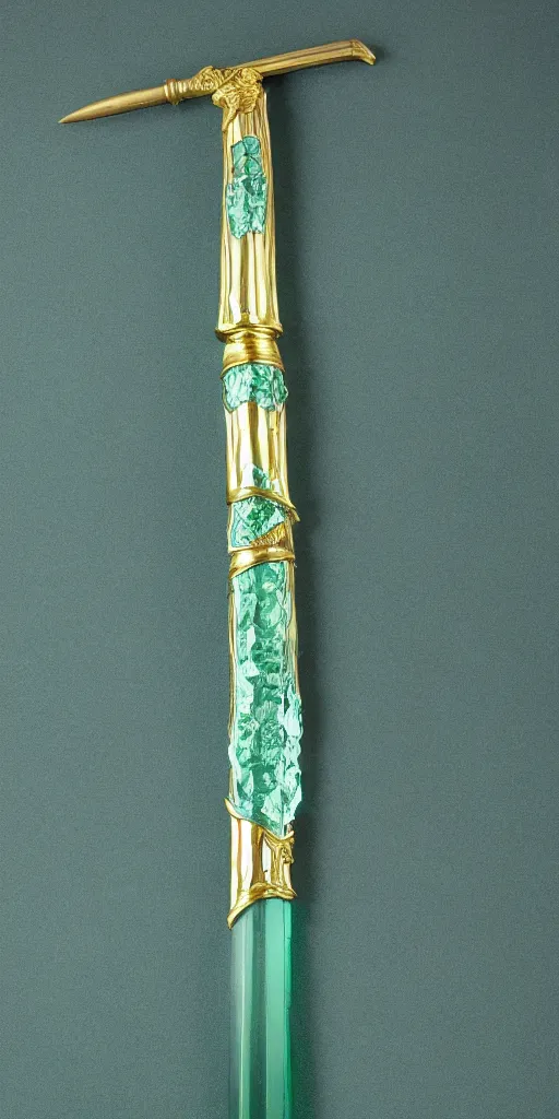 Image similar to photograph of a wide green and teal crystal sword with a big gold sword hilt