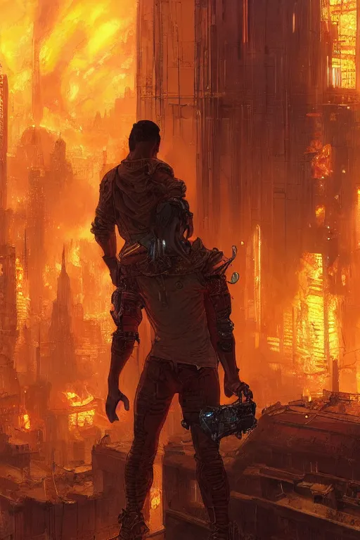 Image similar to in the foreground a brown man from behind with flames in his hands second plan paris in cyberpunk, intricate, highly detailed, digital painting, artstation, concept art, matte, sharp focus, illustration, art by artgerm and greg rutkowski and alphonse mucha