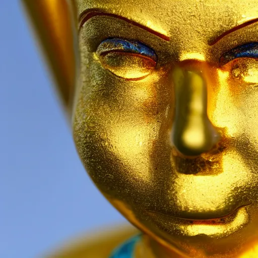 Image similar to a close up photo of a detailed golden statue of a clown, 8K,