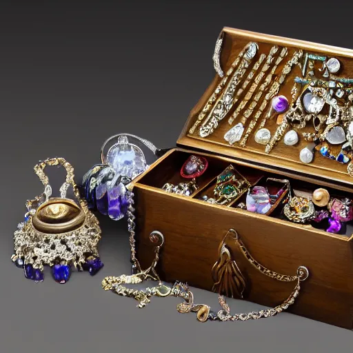 Image similar to A Ayleid chest filled with jewels and crystal artefacts, 4k, hdri, museum quality photo
