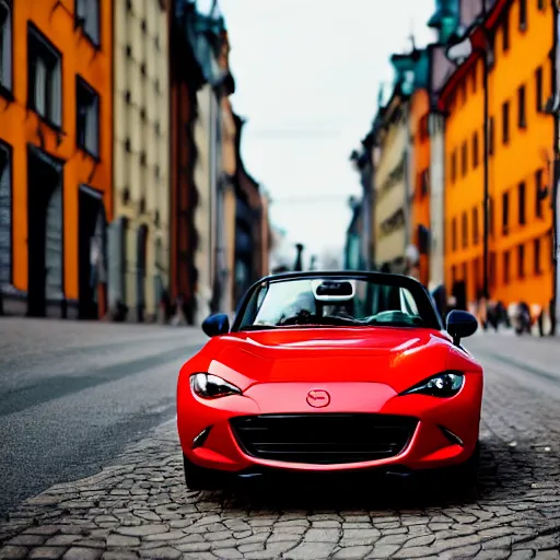 Prompt: a photograph of a rabbit driving a red mazda mx-5 on a street in Stockholm, iso 400