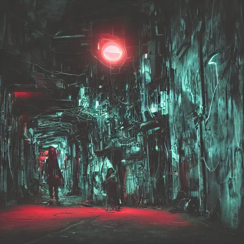 Image similar to a person in a dark tunnel with a light on, cyberpunk art by Elsa Bleda, trending on cg society, light and space, dystopian art, futuristic, circuitry