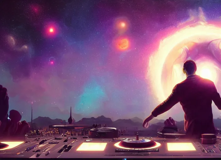 Image similar to Wide shot of a man djing under the galaxy, digital art, artstation, hyperrealistic, 4k, unreal engine, octane render, trending on artstation, art by Artgerm and Greg Rutkowski and Alphonse Mucha