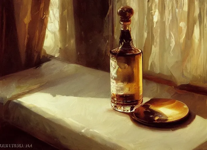 Image similar to oil painting of whiskey bottle, barley grain, art by anders zorn, wonderful masterpiece by greg rutkowski, beautiful cinematic light, american romanticism by greg manchess, creation by tyler edlin, folds of fabric, tablecloth, curtains, shiny oak table, polished wood