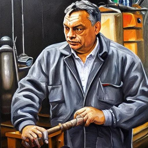 Image similar to viktor orban in a metal workshop, oil painting