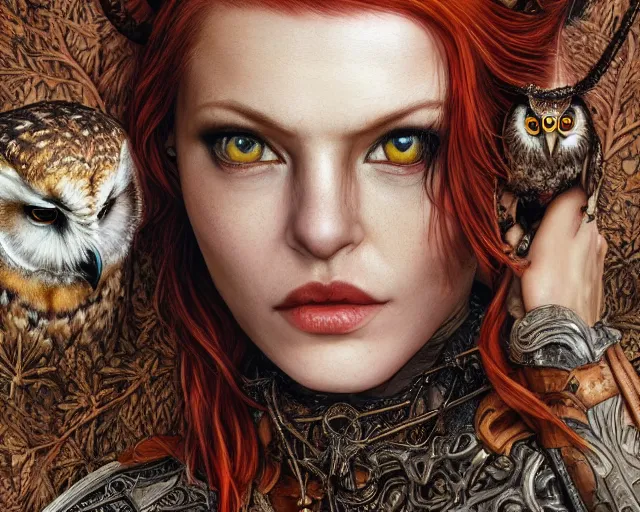 Image similar to 5 5 mm portrait photo of an armored gorgeous anesthetic redhead woman warrior with a face tattoo and horns growing from her head, and owl sitting on her shoulder in a magical forest in the style of stefan kostic, art by luis royo. highly detailed 8 k. intricate. lifelike. soft light. nikon d 8 5 0. cinematic post - processing