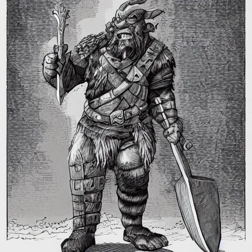 Image similar to orc with axe, full body, dnd, high detail, fantasy, in the style of vintage antique illustration and line drawing or engraving - c 9. 0