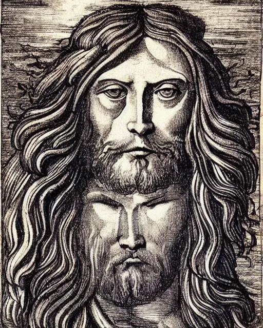 Prompt: four faces in one creature, jesus face, eagle beak, lion mane, two large horns on the head, drawn by da vinci. symmetrical