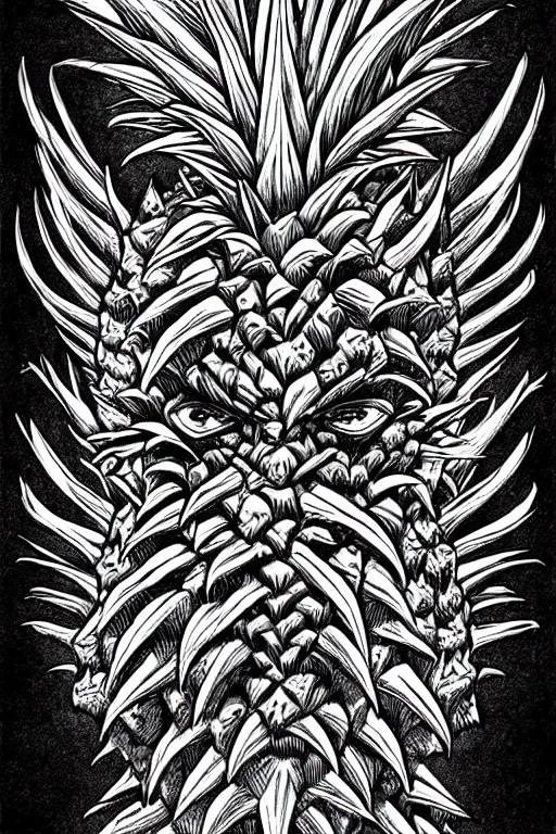 Image similar to pineapple humanoid figure monster, symmetrical, highly detailed, digital art, sharp focus, trending on art station, kentaro miura manga art style